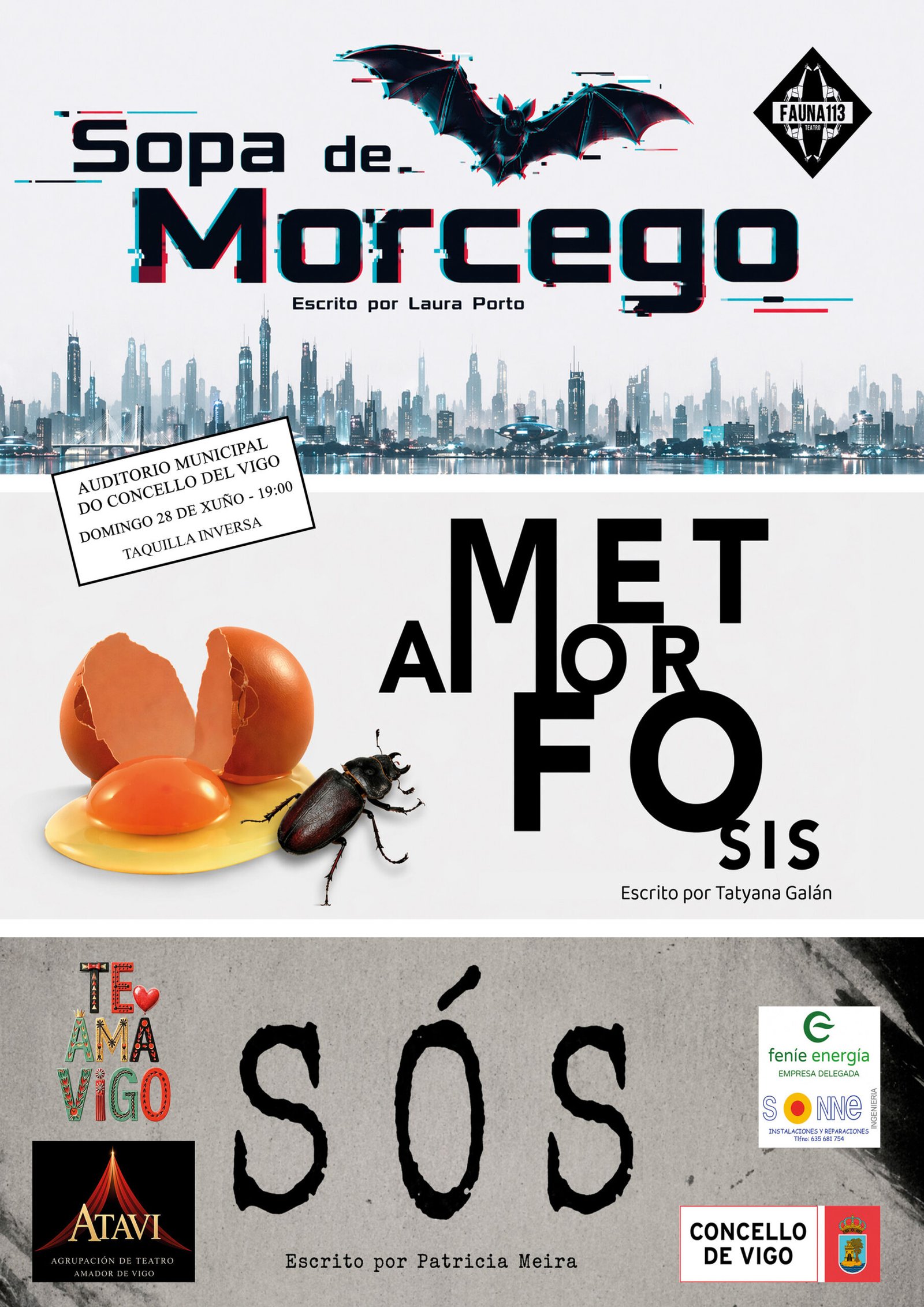 II Mostra Teatro Amador-TEAMAVIGO. Fauna 113 (Tres micros) presenta «Sopa de morcego, Sos, Metamorfosis». CANCELADA